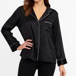 Victoria’s Secret 🆕 Satin Pajama Shirt PJ Top Pale Pink Piped Jacquard Black L